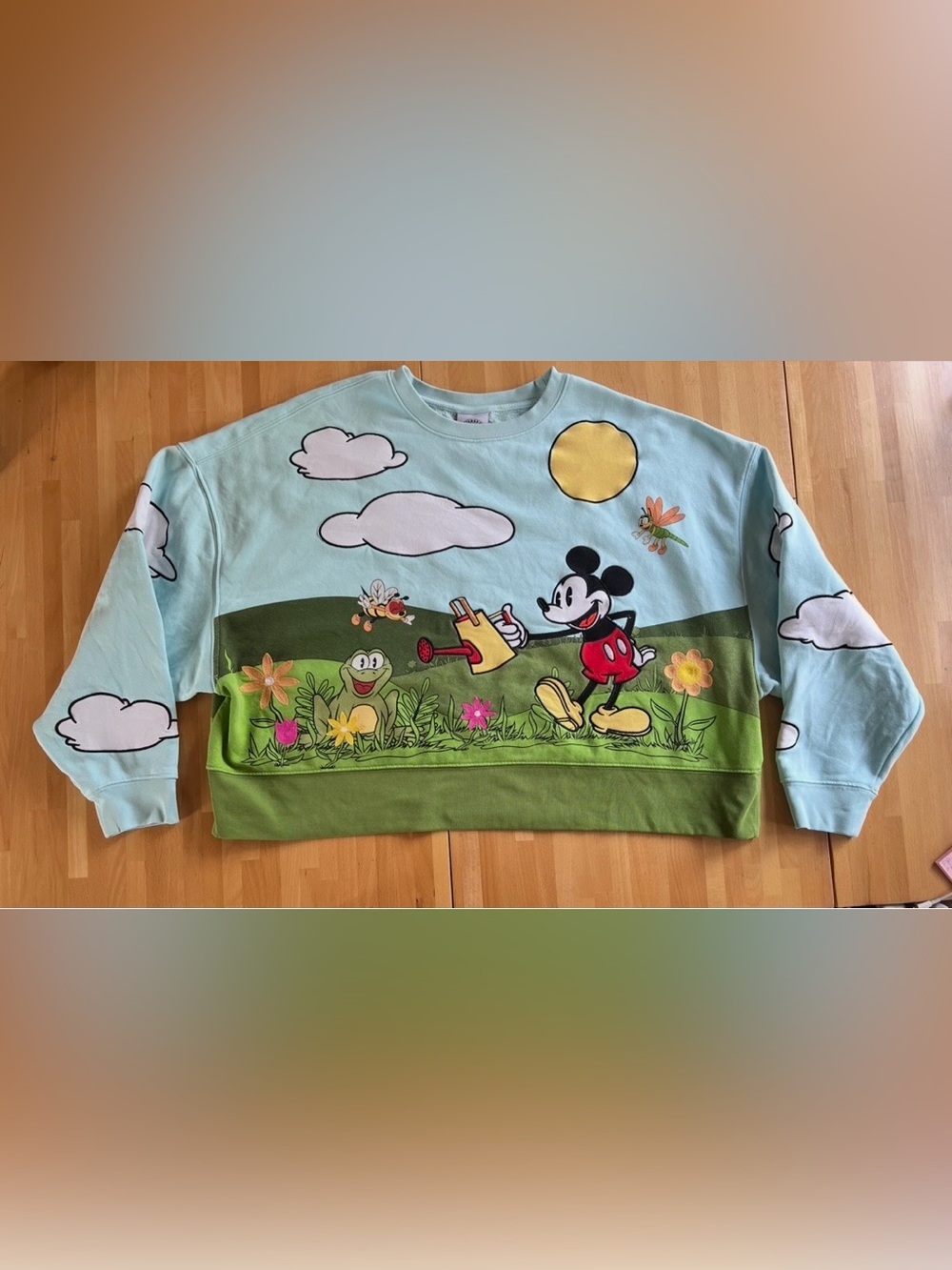Disney Light Blue & Green Mickey Mouse Garden Crewneck Sweater